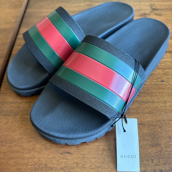 AUTHENTIC Gucci Men's Web Slide Signature Stripe Sandals - EXCELLENT condition - Picture 1 of 5